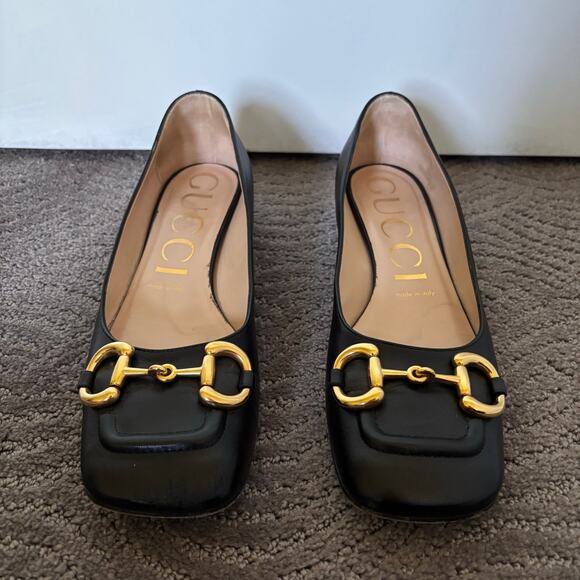 Gucci Baby Horsebit Square Toe Black Leather Block Heel Loafer Flat Pump Size 39 - Picture 3 of 12